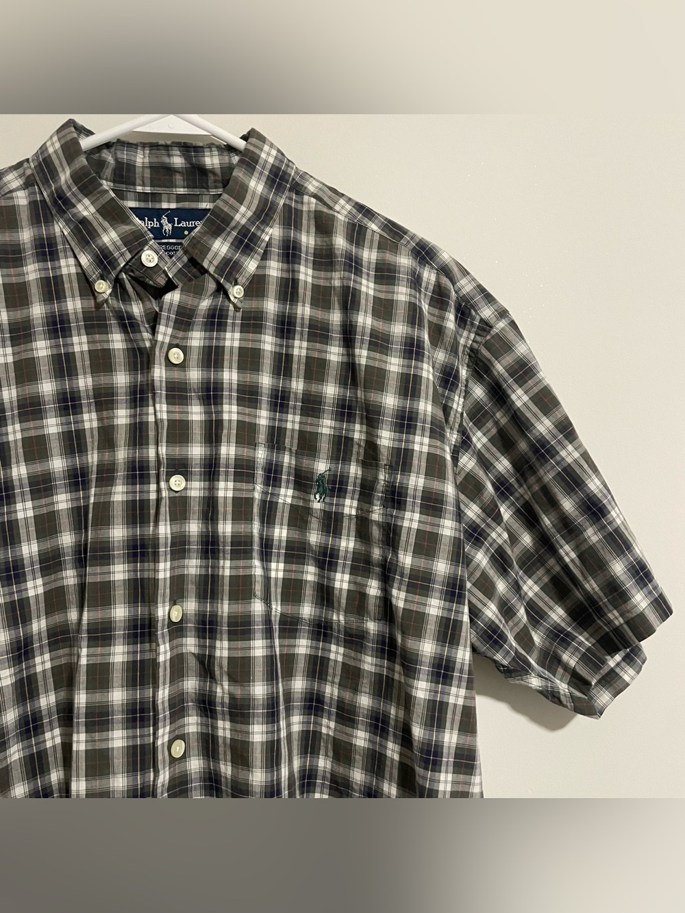 Vintage Ralph Lauren Greggor Green Plaid Short Sleeve Button Shirt 90s Size L